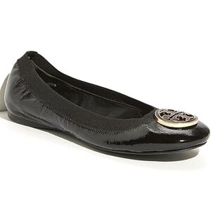Tory Burch Caroline Ballet Flats Black Patent Leather Elastic Top Line Round Toe